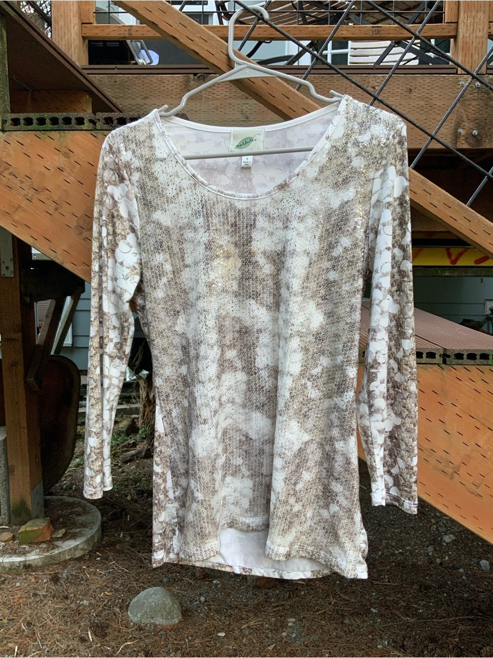 Long Sleeve Women’s Top in Taupe and White with Sequins